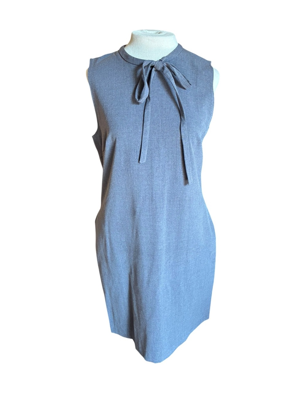 Classic Gray Sleeveless Tie-Neck Shift Dress Mock Neckline Side Pockets